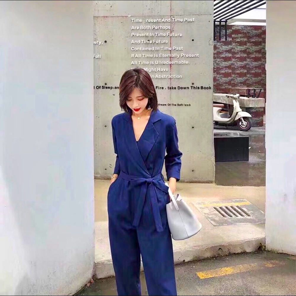 Navy Blue Long Sleeve Romper Jumpsuit with belt